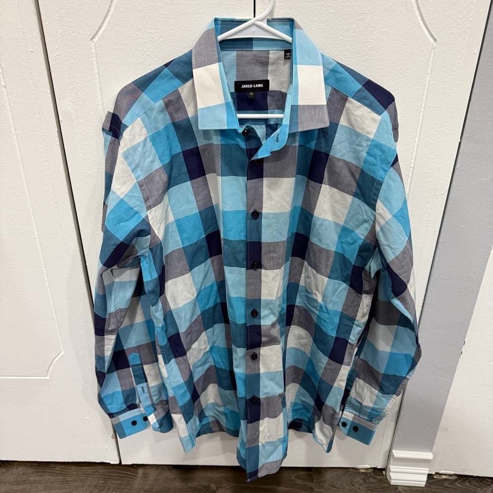 Jared Lang Blue Checkered Cotton Button Down Long Sleeve
